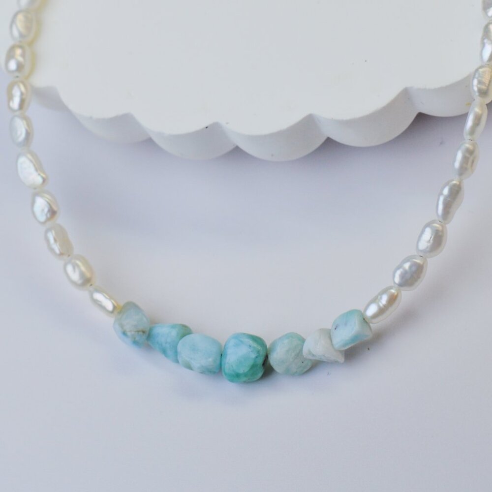 Larimar & Keshi Pearl Necklace 17.5-19.5"